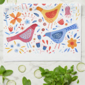 Vogel en wilde bloemen Waterverf Theedoek (Gevouwen)