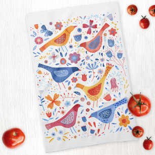 Vogel en wilde bloemen Waterverf Theedoek