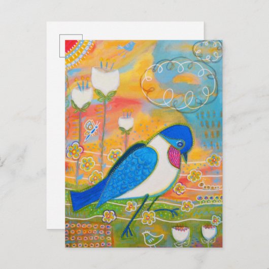 Vogel en witte bloemen briefkaart (Voorkant / Achterkant)