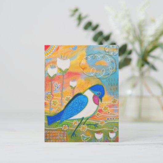 Vogel en witte bloemen briefkaart (Staand voorkant)