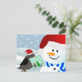 Vogel geeft kerstkaart aan sneeuwman feestdagenkaart (Staand voorkant)