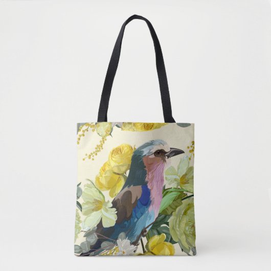 Vogel, gele lente bloemen illustratie. tote bag (Voorkant)