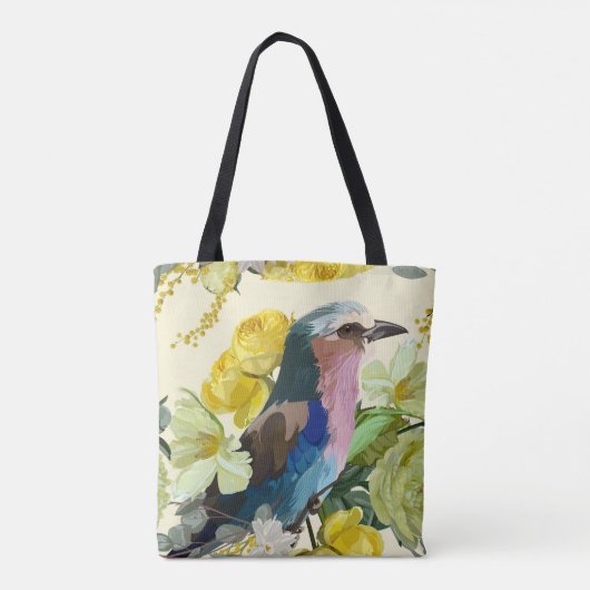 Vogel, gele lente bloemen illustratie. tote bag (Achterkant)