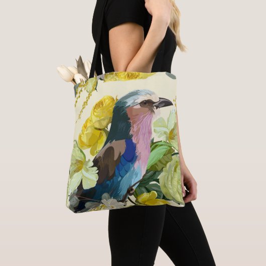 Vogel, gele lente bloemen illustratie. tote bag (Dichtbij)