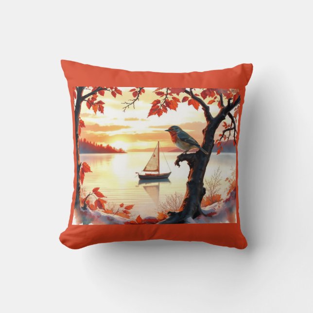 vogel Herfst Zonsondergang Zeilboot Kussen (Voorkant)