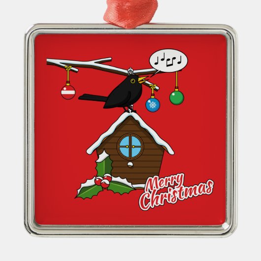 Vogel House Merry Kerstmis Metalen Ornament (Voorkant)