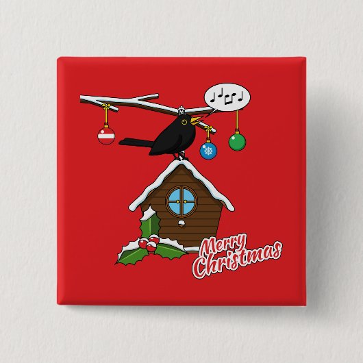 Vogel House Merry Kerstmis Vierkante Button 5,1 Cm (Voorkant)