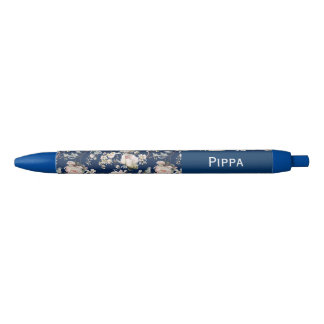 Vogel in bloeiende bloemen Navy Blue Aangepaste na Zwarte Inkt Pen