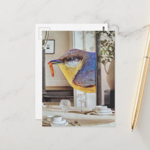 vogel in de eetkamer surreële collagekunst briefkaart
