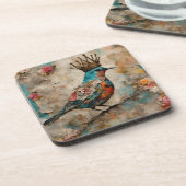 Vogel in een Crown Mixed Media Collage Bier Onderzetter (Linkerzijde)