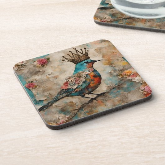 Vogel in een Crown Mixed Media Collage Bier Onderzetter (Linkerzijde)