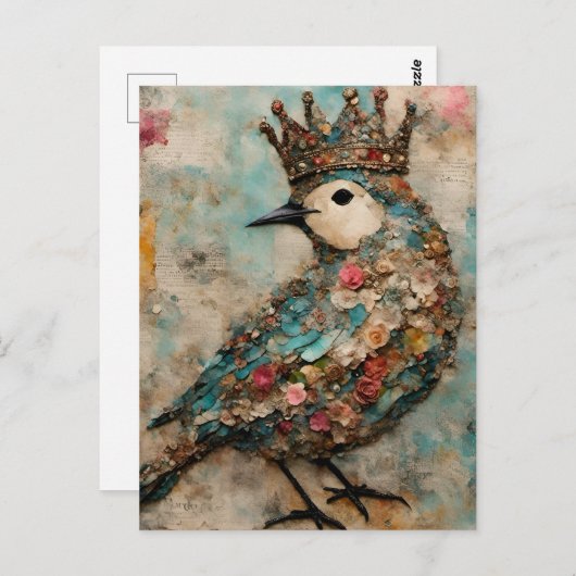 Vogel in een Crown Mixed Media Collage Briefkaart (Voorkant / Achterkant)