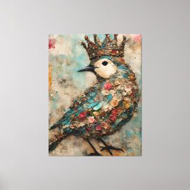 Vogel in een Crown Mixed Media Collage Canvas Afdruk