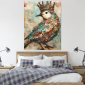 Vogel in een Crown Mixed Media Collage Canvas Afdruk (Insitu (Slaapkamer))