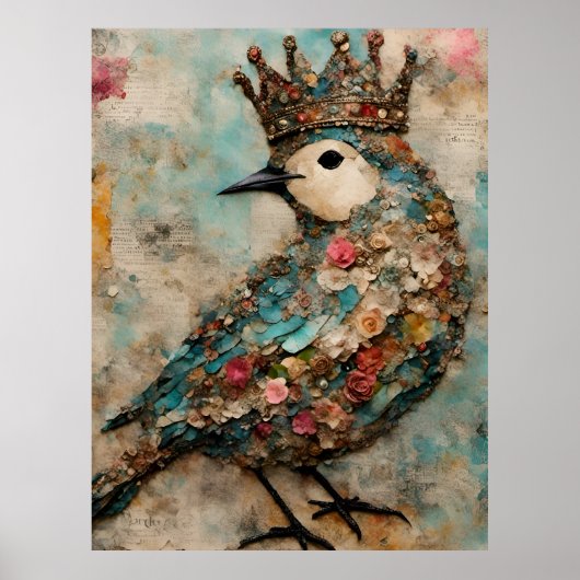 Vogel in een Crown Mixed Media Collage Poster (Voorkant)