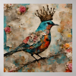 Vogel in een Crown Mixed Media Collage Poster