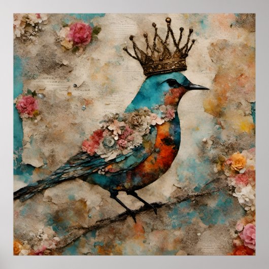 Vogel in een Crown Mixed Media Collage Poster (Voorkant)