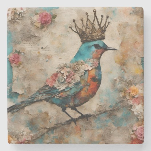 Vogel in een Crown Mixed Media Collage Stenen Onderzetter (Voorkant)