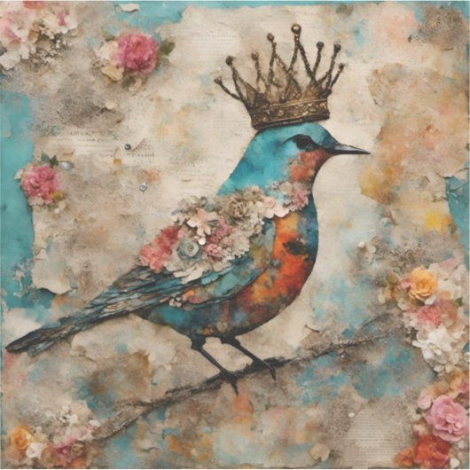 Vogel in een Crown Mixed Media Collage Sticker (Voorkant)