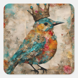 Vogel in een Crown Mixed Media Collage Vierkante Sticker