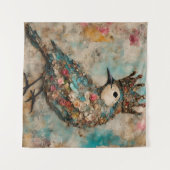 Vogel in een Crown Mixed Media Collage Wandkleed (Voorkant (horizontaal))