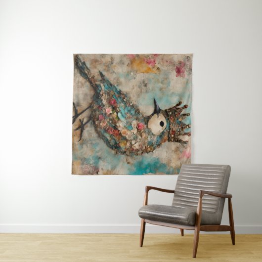 Vogel in een Crown Mixed Media Collage Wandkleed (In Situ (horizontaal))