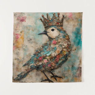 Vogel in een Crown Mixed Media Collage Wandkleed