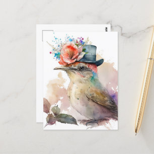 Vogel in een Fancy Pet met bloemen Waterverf Briefkaart