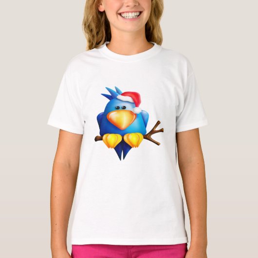 Vogel in een kerstmuts Meisjes T-shirt (Voorkant)