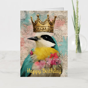 Vogel in een Kroon Collage Verjaardag Goud Folie Wenskaart