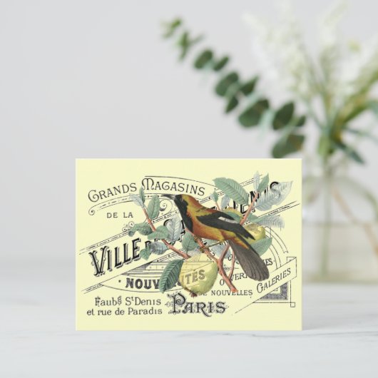  vogel in fruitbomen Ephemera Collage Briefkaart (Staand voorkant)