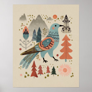 Vogel in het bos - koekoek in bloei volkskunst poster