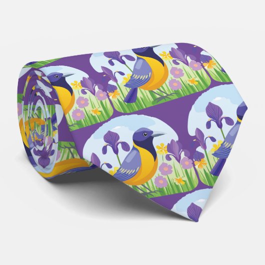 Vogel in het veld van iris bloemen patroon kleurri stropdas (Opgerold)