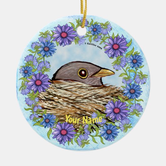 Vogel in nestornament keramisch ornament (Voorkant)
