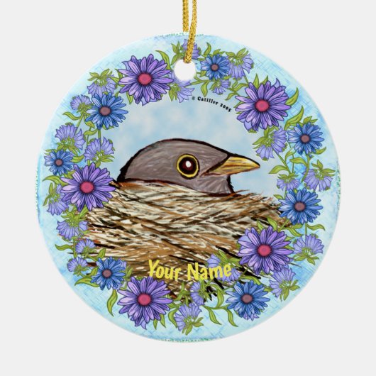 Vogel in nestornament keramisch ornament (Voorkant)