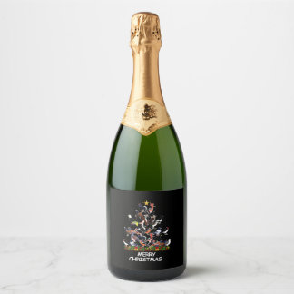Vogel Kerstboom Vrolijk Kerstfeest Sparkling Wijnetiket