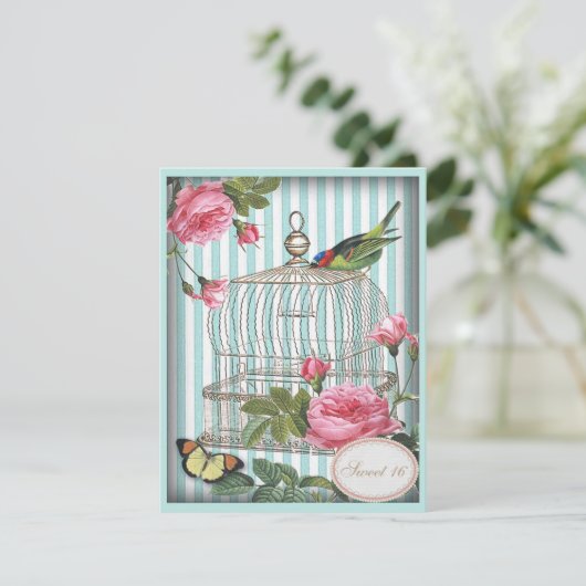  Vogel, Kooi, Vlinder & Rozen Sweet 16 Kaart (Staand voorkant)