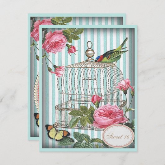  Vogel, Kooi, Vlinder & Rozen Sweet 16 Kaart (Voorkant / Achterkant)