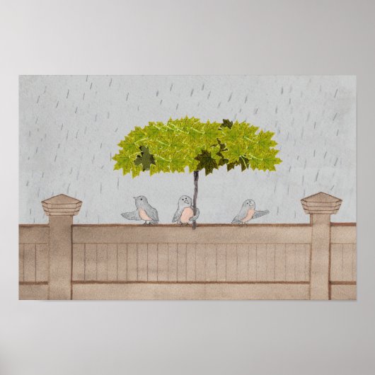 Vogel Kunst 3 Vogels in de regen Poster (Voorkant)