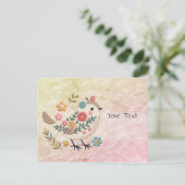 Vogel laat bloemen roze ansichtkaart achter briefkaart (Staand voorkant)