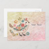 Vogel laat bloemen roze ansichtkaart achter briefkaart (Voorkant / Achterkant)