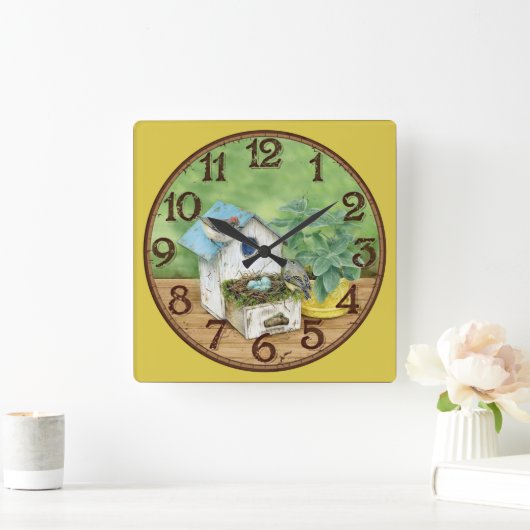 Vogel met Birdhouse Vierkante Klok (Huis)