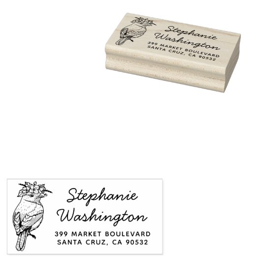 Vogel met bloemen | Naam Script & Retouradres Rubberstempel (Gestempeld)