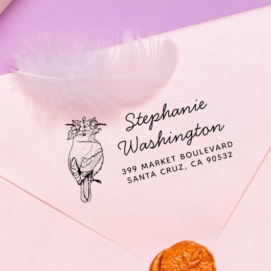 Vogel met bloemen | Naam Script & Retouradres Rubberstempel
