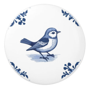 Vogel met Delfts Blauw en Witte Bloemhoeken Keramische Knop