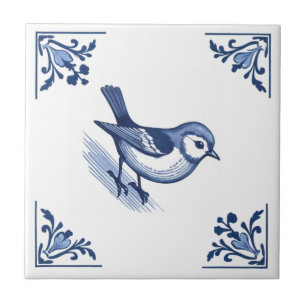 Vogel met Delfts Blauw en Witte Bloemhoeken Tegeltje