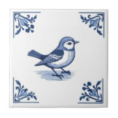 Vogel met Delfts Blauw en Witte Bloemhoeken Tegeltje (Voorkant)
