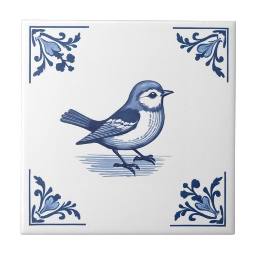 Vogel met Delfts Blauw en Witte Bloemhoeken Tegeltje (Voorkant)