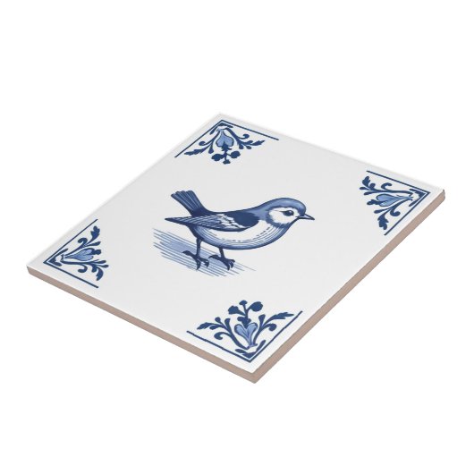 Vogel met Delfts Blauw en Witte Bloemhoeken Tegeltje (Zijkant)