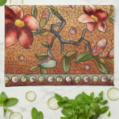 vogel met Glas in lood op een bloeiende boom Theedoek (Gevouwen)